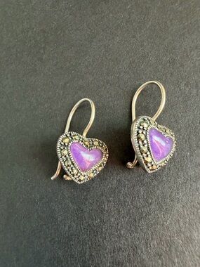 VTG Sterling Silver 925 Marcasite Amethyst Glass Heart Drop Earrings
